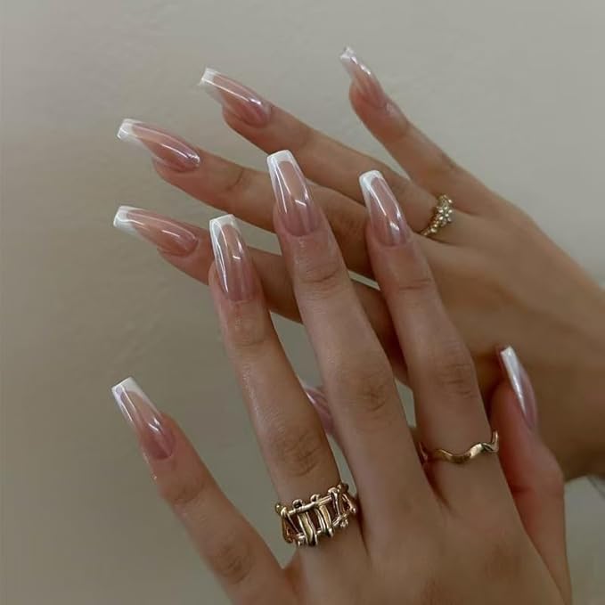 French Tip Press on Nails Medium Square Fake Nails Chrome Mirror False Nails Press ons Glossy Glue on Acrylic Nails for Women Manicure Decoration 24Pcs