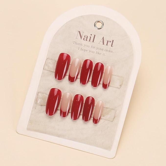 Red Press on Nails Almond - Medium French Tip Fake Nails - Glossy Full Cover Stick on False Nails - for Women Winter Manicure 30 Pcs