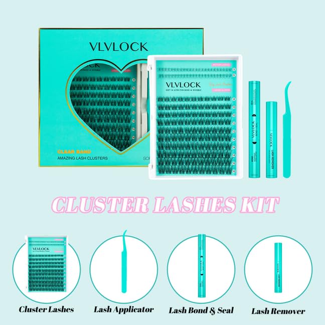 Lash Clusters Kit Clear Band Natural Cluster Lashes with Bottom Lash Clusters 5-16MM Individual Lashes Wispy False Lashes with Lash Bond and Seal,Lash Tweezer DIY at Home(Ivy Kit)