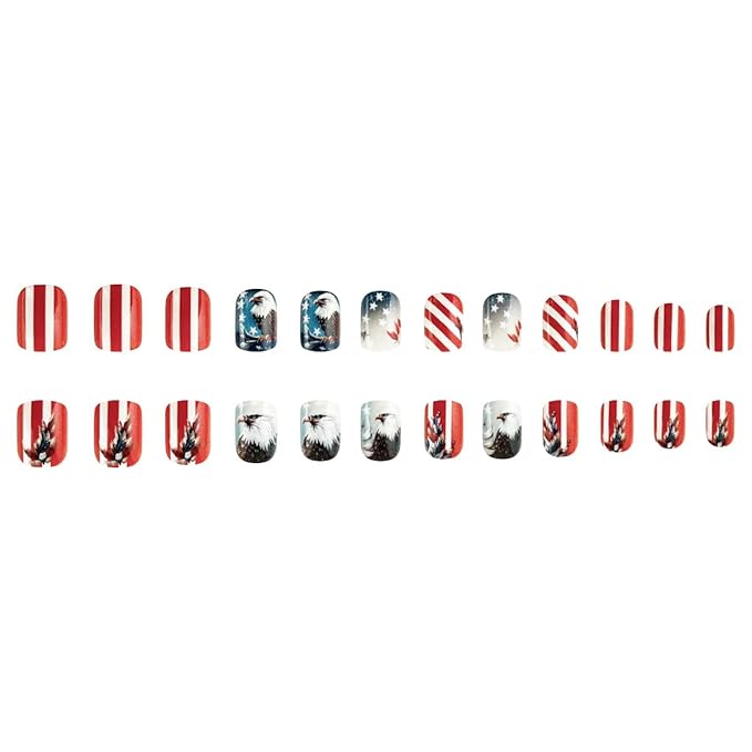 Short Press on Nails Square Owl Fake Nails Independence Day Nails Press ons Full Cover Glossy Stick on Nails with Stripe Designs Independence Day Glue on Nails for Women 24Pcs