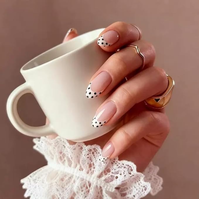 French Tip Press on Nails Polka Dot Fake Nails Almond Medium False Nails Cute Glue on Nails Reusable Acrylic Nail Glossy full Cover Stick on Nail for Women Manicure Deco 24Pcs