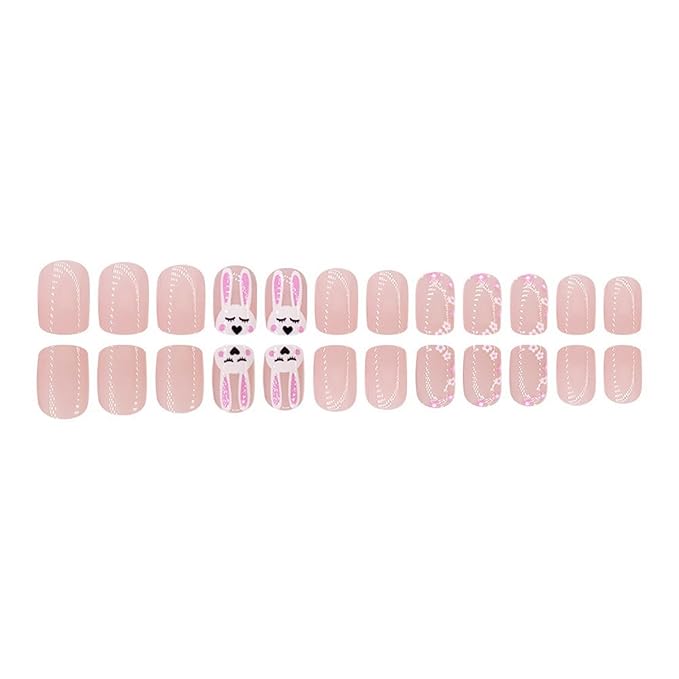 Easter Press on Nails Short Square Fake Nails Cute Bunny Pink Flower Garland Designs Glossy False Nails Easter Day Nail Art Decorations Full Cover Acrylic Nails for Women Nail Art Manicure 24 Pcs