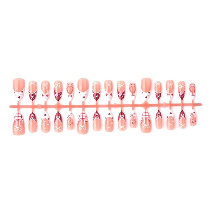 30Pcs Valentines Press on Nails Medium Almond Fake Nails French Tip Nails Press Ons Heart False Nails with Pearl Design Bow Stick on Nail Glossy Acrylic Glue on Nail Women Decoration Set