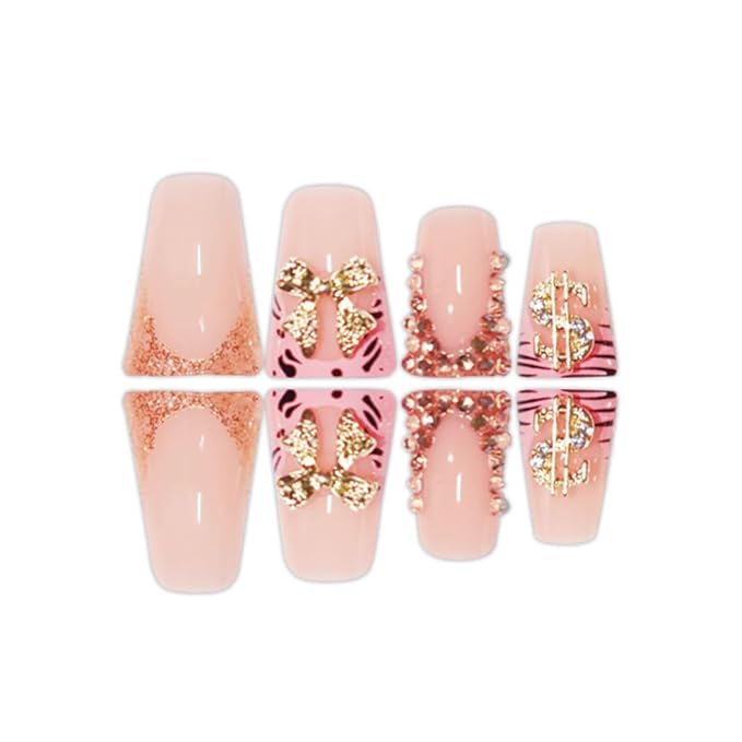 Bow Press on Nails French Tip Fake Nails Pink Glue on Nail with Charms Design Rhinestone False Nail Glossy Full Cover Artificial Acrylic Stick on Nails for Women Girls Manicure 24Pcs