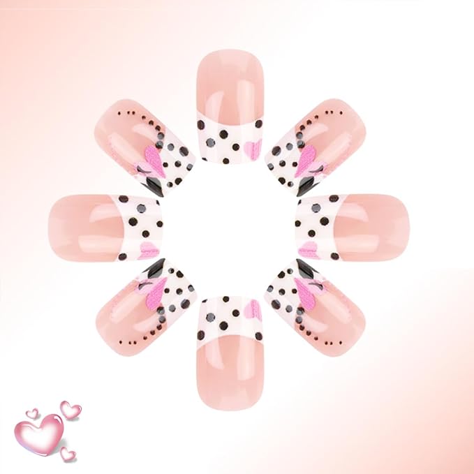 Valentines Day French Tip Press on Nails Short Square Valentine’s Day Nails with Heart Spot Designs Acrylic Fake Nails Glossy Artificial Nails White Nails Tips Glue on Nails for Women Girls 24Pcs