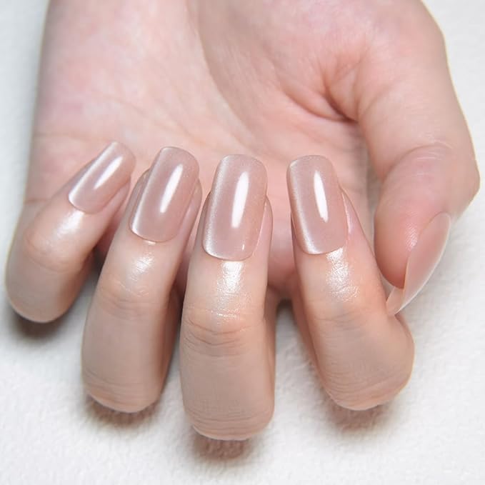 Nude Cat Eye Press on Nails Medium Square, Medium Square Press Stick on Nails Chrome for Women Gift, Nude Holographic Glitter Glossy Reusable Soft Gel Acrylic Fake Nail with Designs Cateye Effect