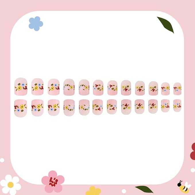 Spring Press on Nails Short Square Fake Nails with Colorful Flower | Bee Designs False Nails Glossy Nude Glue on Nails Reusable Press ons Stick on Nails for Women Manicure 24Pcs