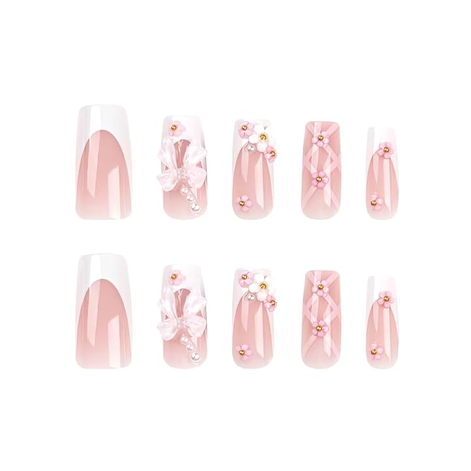 Press-on Nails,Long Rhinestone Pink False Nails, Square Glitter 3D Flower Fake Nails, Bowknot Artificial Nails The Noble Temperament of Women Girls' Fake Nails - 24 pieces (with Free Tool Kit)