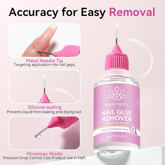 BORN PRETTY 30ML Pinpoint Nail Glue Remover for Press on,Gentle Remover for Nails Tips & Gel x Nails,Multi-Functional Fake Nail Remover Glue Off for DIY Home Salon,Quick Adhesive Debonder