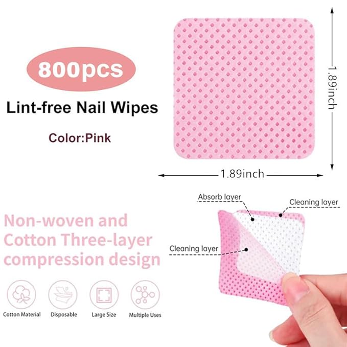 800 PCS Lint Free Nail Wipes,Non-Woven Fabric Nail Cleaning Pads Lash Extensions Glue Cleaning Wipes,accompanied by 1 Empty Pump-Style Bottle Dispenser Nail Care Set (Pink (800pcs))