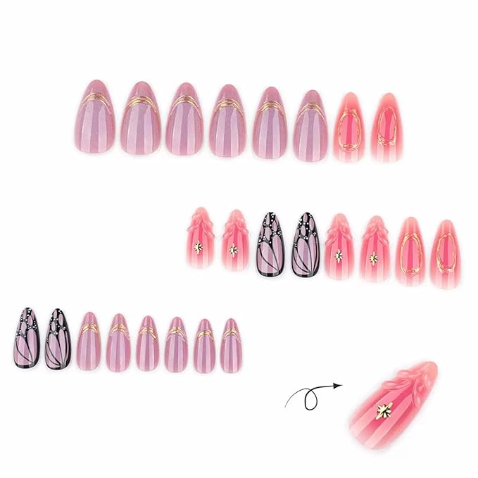 Press on Nails Almond - Medium Fake Nails with Butterfly Design - Glossy, Purple False Nails Press ons - for Women 24 Pcs