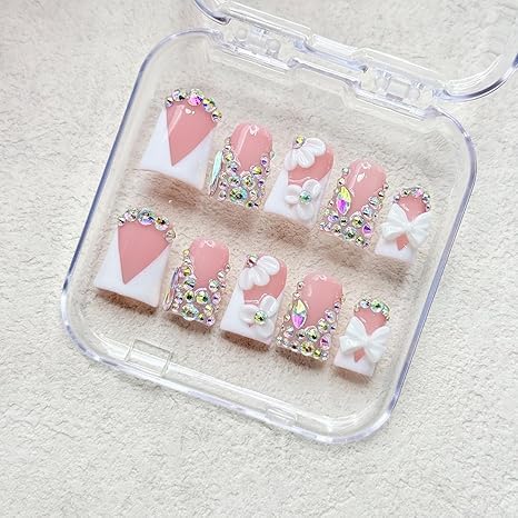 Handmade Press on Nails Rhinestones Press on Nails Short Duck Shaped Fake Nail White French Acrylic Nails Full Cover Reusable Flower False Nail for Women Girls Nail Accessories (Size S)