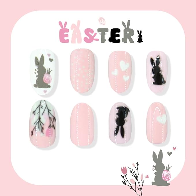 Pink Easter Press on Nails - Medium Oval Fake Nails with Cute Rabbit | Flower | Heart Designs False Nails Press ons Reusable Full Cover Stick on Nails Easter Nails for Women Manicure 24Pcs
