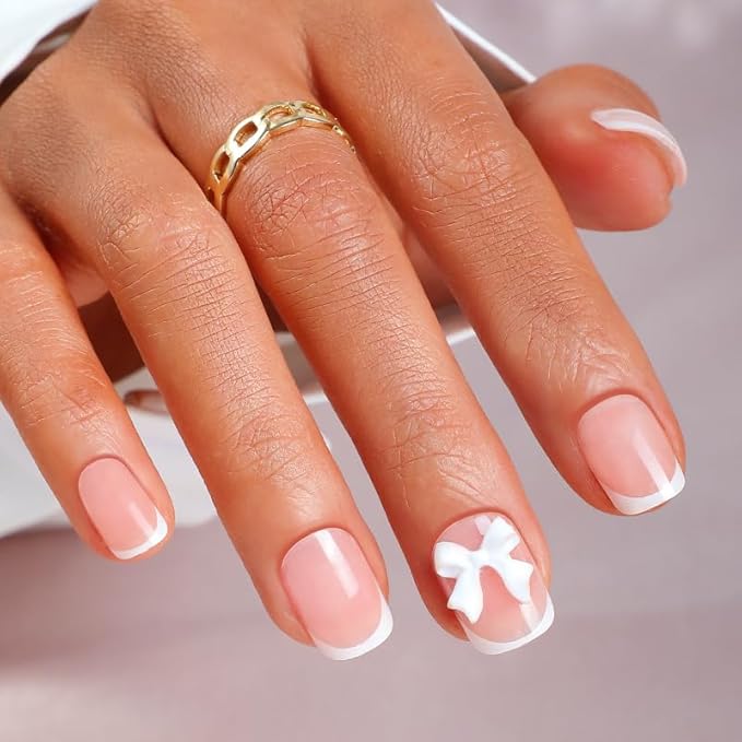 Press on Nails Pink Glossy 3D Flower French Fake Nails French Fake Reusable Nail Kit with Nail Glue Adhesive Tabs Mini Nail File for Women Manicure Art Decoration 24PCS