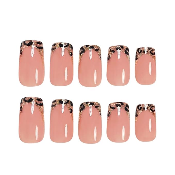 French Tip Press on Nails Short Square Fake Nails with Leopard Print Designs Glossy Glue on Acrylic Nails Nude Pink False Nail Press ons for Women 24Pcs