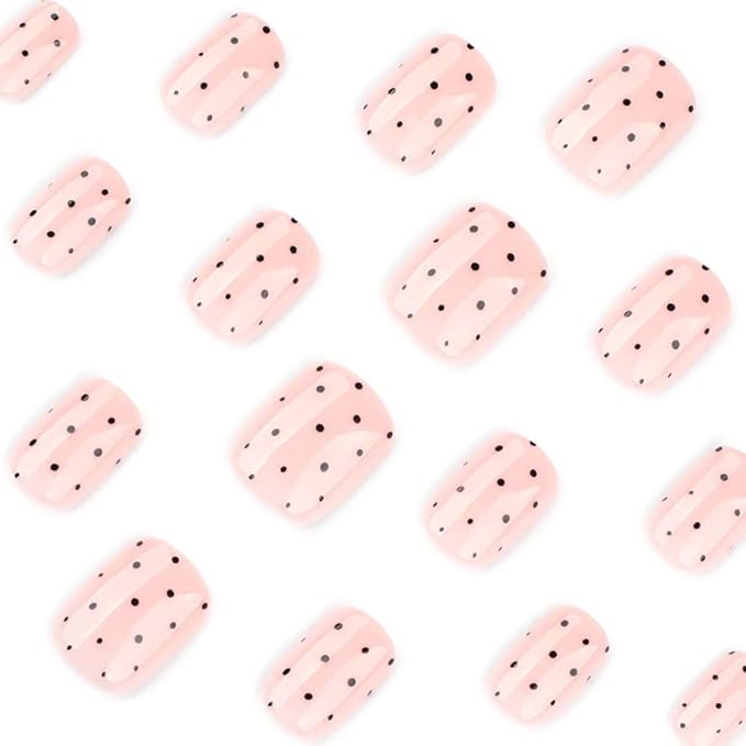 Extra Short Press on Nails Square Fake Nails Polka Dots Glossy Short Round Nails, Salon Quality Artificial Nails for Women 24pcs