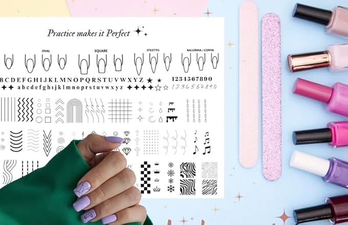 Gel & Acrylic Nail art Practice Sheet,Reusable Nail Art Training mat DIY Sticker Stencil Guide French Tip stiletto Nail Sculpting 3D Nail Design Worksheet Nail Tech Practice Gel X acrylic nails (3)