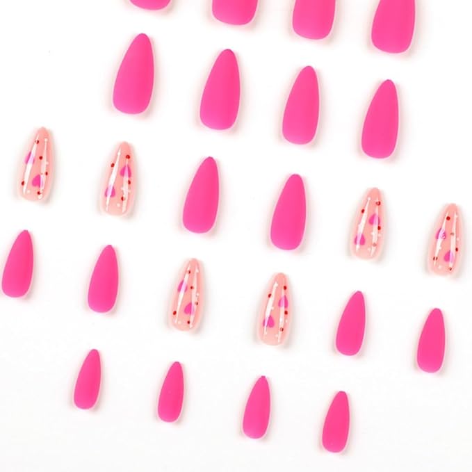 Press on Nails Almond - Medium Fake Nails with Heart Design - Pink, Matte Full Cove Stick on False Nails for Women 24 Pcs