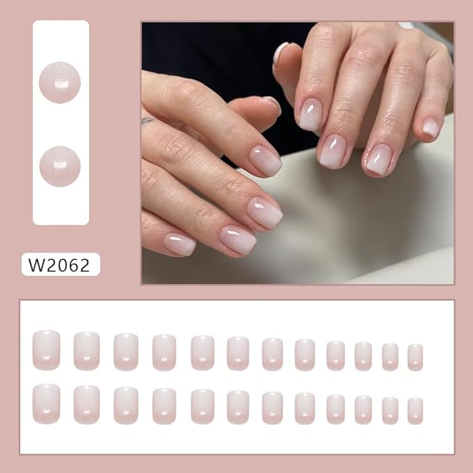 Ombre Press on Nails Short Square Fake Nails Nude White Gradient False Nails Press ons-Reusable Glossy Artificial Nail Full Cover Stick on Nails for Women Manicure 24Pcs