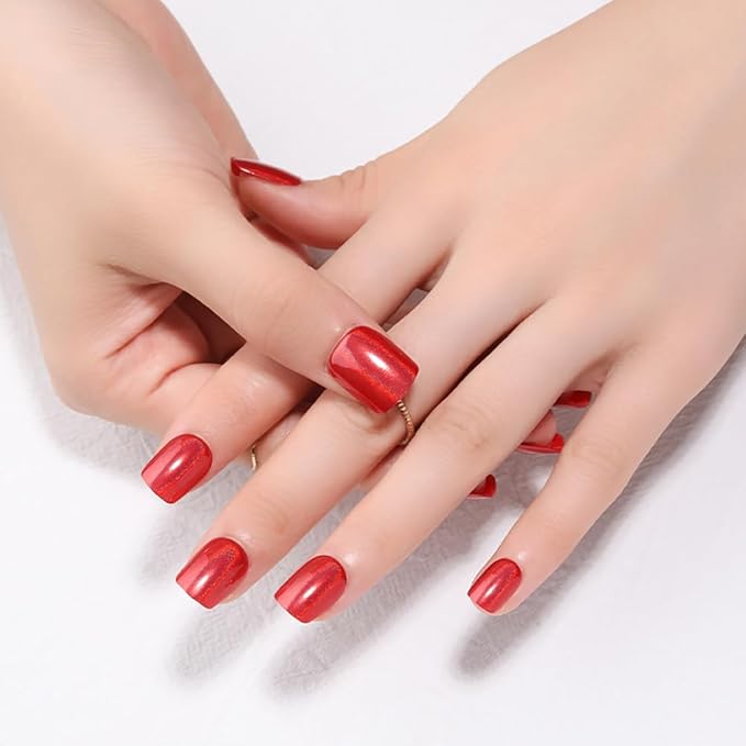 Red Press on Nails Short Square, Chrome Press on Nails, Fashion Gel Fake Nails, Reusable Acrylic Fake Nails, Glossy Stick on Nails, Thick Reusable Glue On Nails for Women, 24Pcs