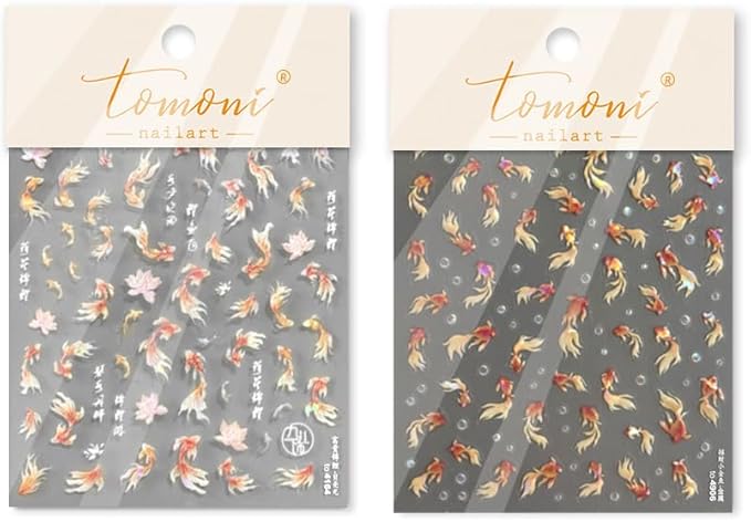 2Sheets Goldfish Nail Art Water Decals, Wish Lucky Fishs Design, Orange and Pink Gold Koi Fish Pattern