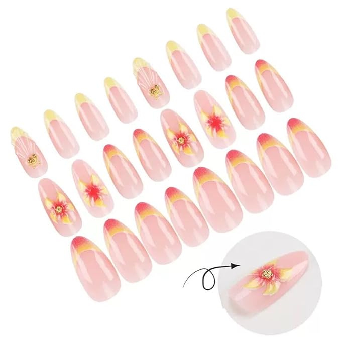 Medium Press on Nails Almond - French Tip Fake Nails with Ombre Flower Design - Glossy Full Cover Stick on False Nails - for Women Manicure 24 Pcs