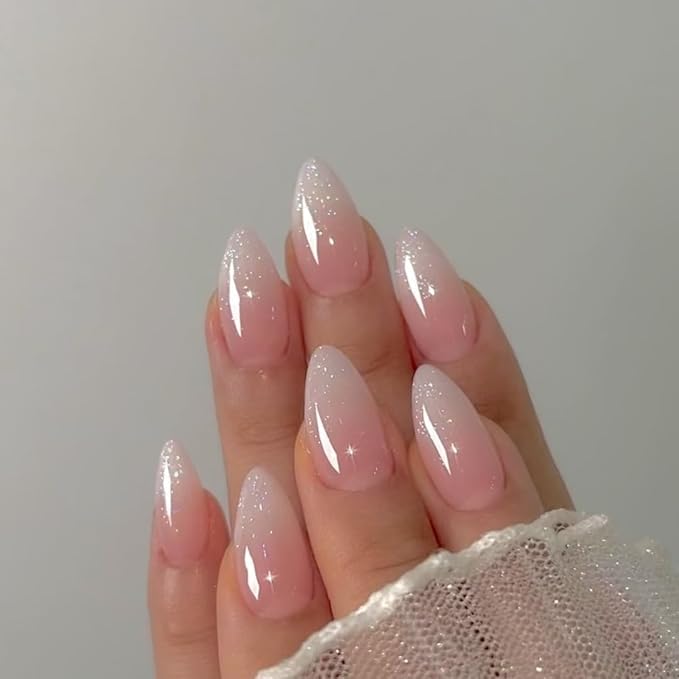 KXAMELIE Glitter Ombre Pink Press on Nails Medium Length,Gradient French Glue on Nails Almond Nails Press on,Natural Stick on Nails for Women,Reusable Stiletto Nails Acrylic,Short Almond Nails Set