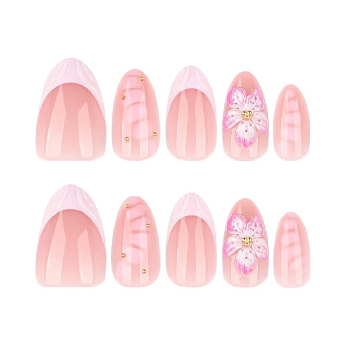 Short Almond Press on Nails Pink Flower Fake Nails Spring Summer Nails Press ons with Design,Reusable Artificial Nail Full Cover Stick on Nails for Women Manicure 24Pcs
