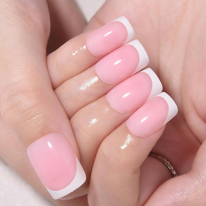 Pink White French Tips Press on Nails, Short Square Acrylic Fake Nails Design, Natural Reusable Glue-On Nails Kit for Women DIY False Nail Art Decoration Gift, Salon Quality Reusable 32 Psc