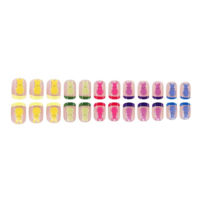 Easter Press on Nails Colorful French Tip Fake Nails with Bunny Designs Glitter Short Square False Nails Press ons Reusable Artificial Nail Full Cover Stick on Nails for Women Manicure 24Pcs