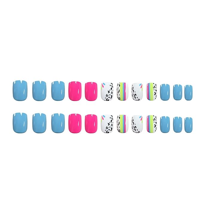 Press on Nails Short - Square Fake Nails with Colorful Line Design - Glossy Full Cover Stick on Nails - for Women 24 Pcs
