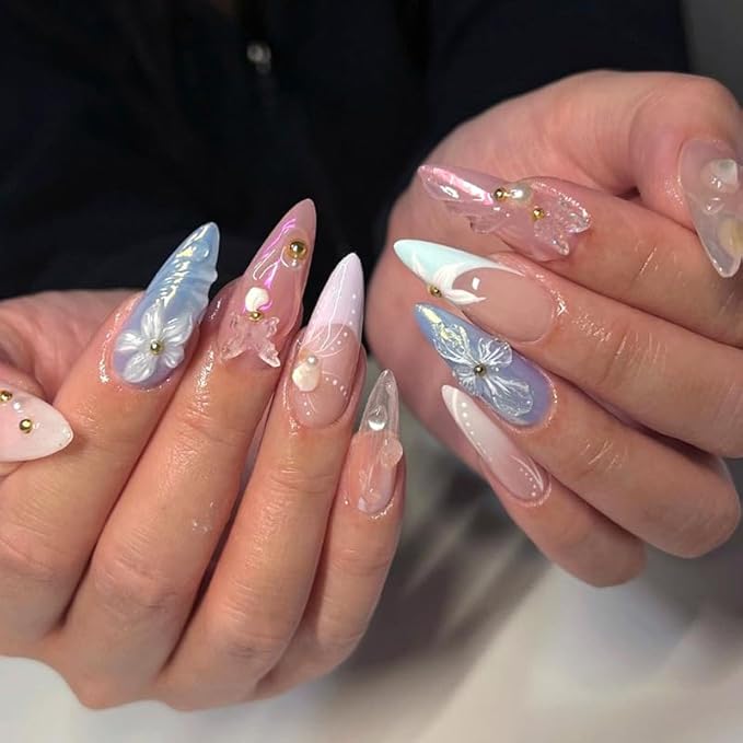 3D Press on Nails Medium Almond with Butterfly Floral Design, Nude Blue Neon French Nail Press ons Glossy Stick on Nails for Women Reusable with Kit, Stick on Cute Fake Nail with Designs Perfectly Fit