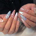 3D Press on Nails Medium Almond with Butterfly Floral Design, Nude Blue Neon French Nail Press ons Glossy Stick on Nails for Women Reusable with Kit, Stick on Cute Fake Nail with Designs Perfectly Fit