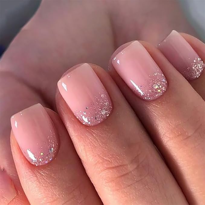 Pink Flash Press On Nails Short Square, Glitter Ombre Design False Nails Short, Reusable Thick Acrylic Gel Stick On Fake Nails with Glue For Women, Salon Quality Nail Kit, Gift for Woman