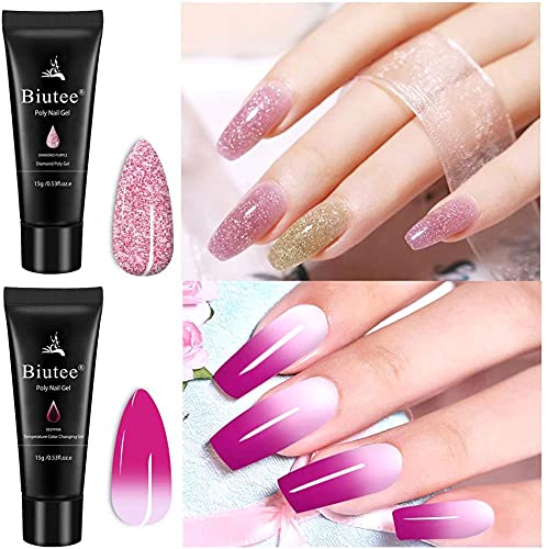 Poly Extension Gel Set, 7 Colors Poly Nail Builder Gel Temperature Color Change Glitter Clear Pink Nail Extension Gel Enhancement Set for Manicure Starter DIY at Home