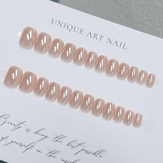 evpct Nude Glazed Press on Nails Short Square for Women Gift, Chrome Glazed Nude Fake Nails Reusable with Soft Gel, Glossy Glitter Stick on False Nail Kit Salon Quality DIY at Home, 01