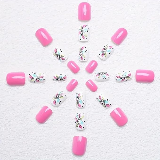 24Pcs Flower Press on Nails Short Square Fake Nails with Designs Cute False Nails Full Cover Glossy Stick on Nails Summer Pink Acrylic Glue on Nail for Women Daily Wear