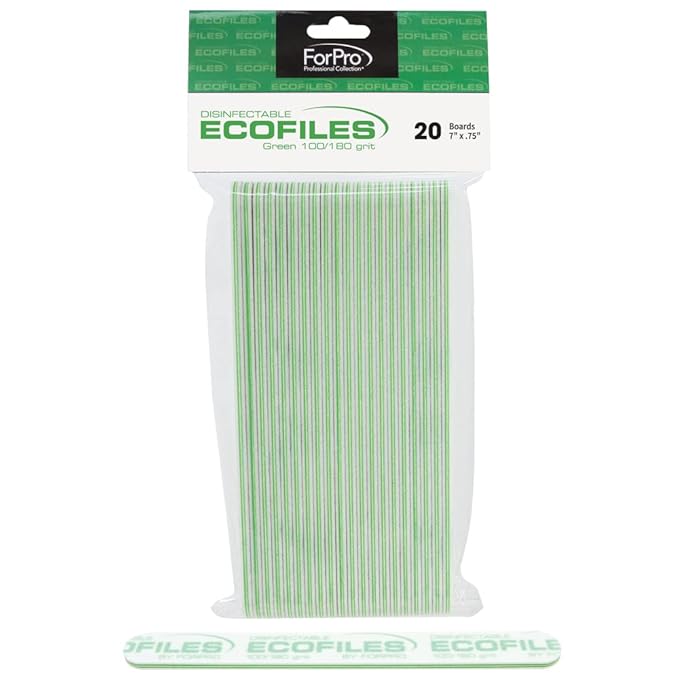 ForPro Professional Collection ECOFILES Eco-Friendly Foam Boards, Green, 100/180 Grit, Double-Sided Manicure and Pedicure Nail Files, 7” L x .75” W, 20-Count