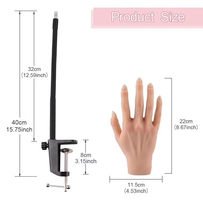 Silicone Practice Hand for Acrylic Nails, Mannequin Hands for Nails Practice with Adjustable Bracket, Life Size Fake Hand for DIY Nails/Nail Art Beginners/Nail Salon Artists