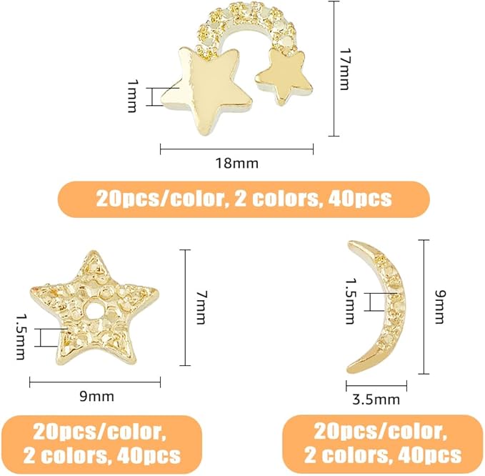 120Pcs 6 Style Alloy Rhinestone Cabochons Platinum/Light Gold Nail Art Decoration Accessories Stars Moon Nail Rhinestones 3D Nail Art Charms for Beautifulr Nail Art Making