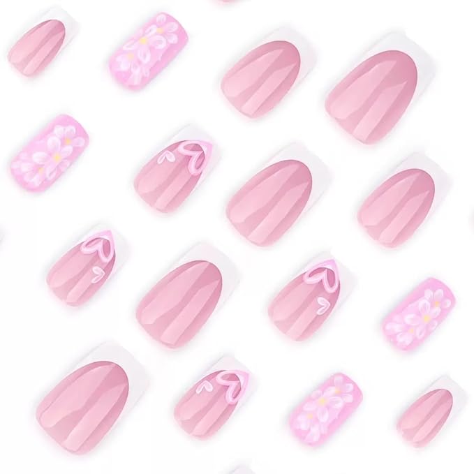 Press on Nails Square - Medium Fake Nails with Flower Heart Design - White French Tip False Nails Press ons - for Women 24 Pcs