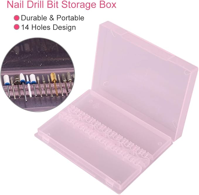 TOPINCN Modern Pink 14 Hole Nail Drill Bit Storage Box for Nail Art Salon and Home Use