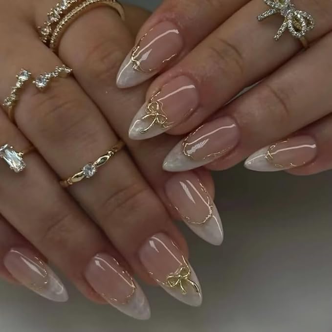 Press On Nails Almond Shape Hnadmade Fake Nails, Acrylic Nails Cute Bow French Reusable Artificial Almond False Nails for Women (Size M)