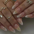 Press On Nails Almond Shape Hnadmade Fake Nails, Acrylic Nails Cute Bow French Reusable Artificial Almond False Nails for Women (Size M)