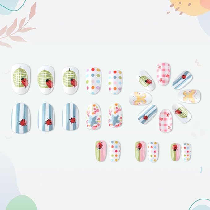 Medium Oval Press on Nails Spring Summer Fake Nails Cute Nails Press ons with Polka Dots Stripe Stars Design,Reusable & Easy Apply Full Cover Stick on Nails for Women Manicure 24Pcs