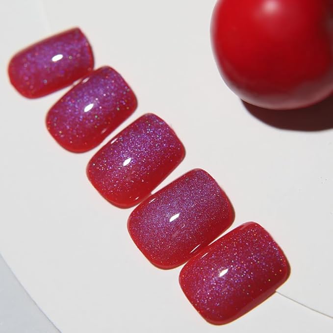 Press on Nails Short Square, Blue-Red Shift Cat Eye Press on Nails, Fashion Gel Fake Nails, Reusable Acrylic Fake Nails, Glossy Stick on Nails for Women Gift, Glue on Nails Kit, Twilight Rose