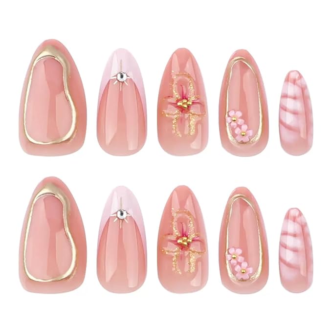 Press on Nails Medium Almond - Flower Fake Nails with Gold Line Design - French Tip False Nails Press ons - for Women 24 Pcs