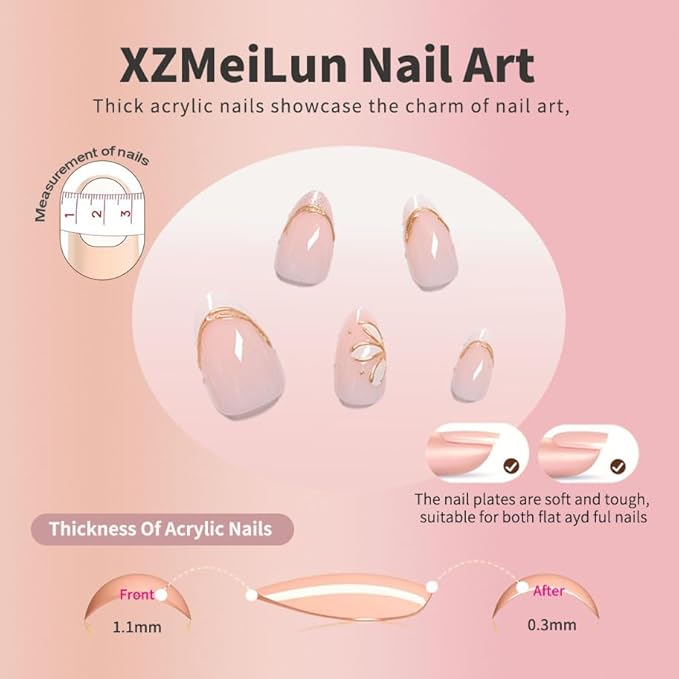 Pink French Tips Press On Nails Short Almond, 3D Gold Line White Flower Designer Reusable Acrylic Fake Nails with Glue, Glossy Gel Finish, Thick Natural Nails for Women Girls Date Manicure
