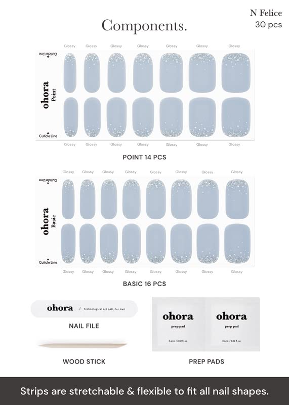 ohora Semi Cured Gel Nail Strips (N Felice) - Blue, Glitter, Works with Any UV/LED Lamps, Salon-Quality, Long Lasting, Easy to Apply & Remove - Includes 2 Prep Pads, Nail File & Wooden Stick