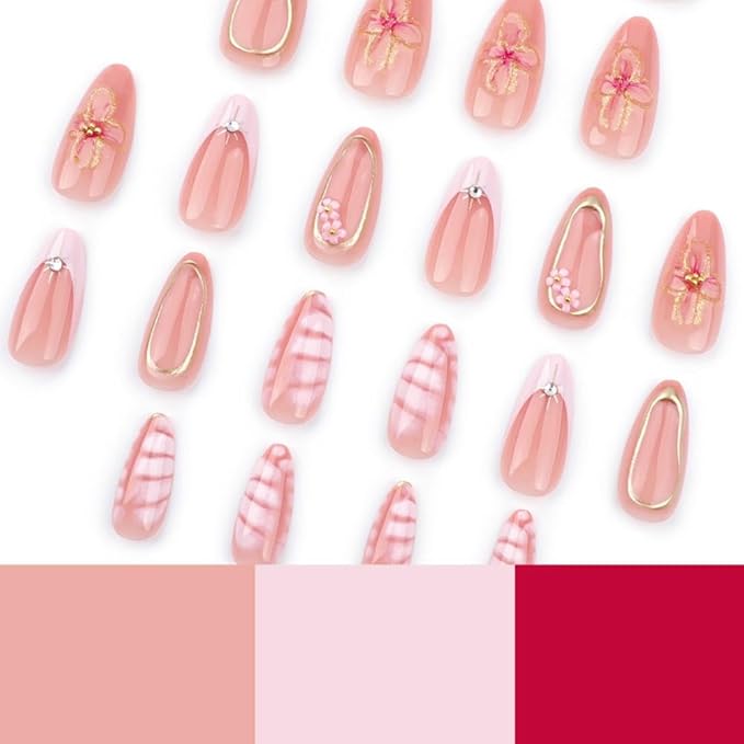 Medium Almond Press on Nails Handmade Stick on Nails with 3D Flowers Charm Design Rhinestone French Tips False Nails Gold Irregularity Fake Nails Glossy Handmade Glue on Nails for Women Manicure 24Pcs
